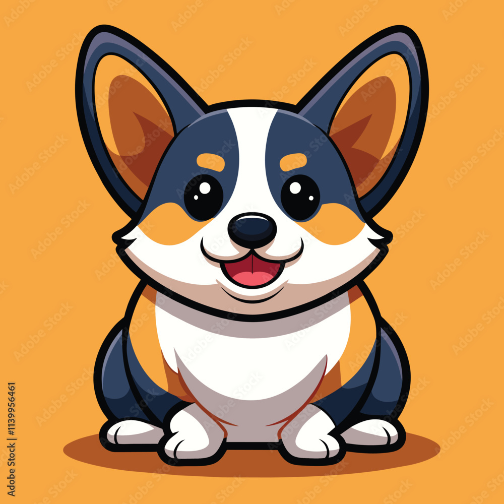 Fototapeta premium Cute chubby cartoon corgi dog character black, red and white coloured sitting straight on orange background