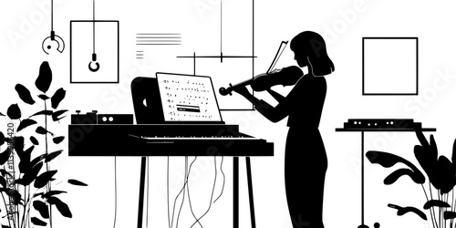 Violinist recording tracks in a studio for a collaborative music project, Vector Graphic