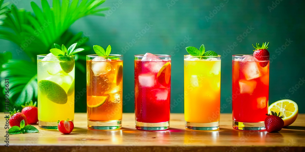 Refreshing Summer Beverages A Collection of Iced Fruit Drinks in Tall Glasses Refreshing Summer Beverages A Collection of Iced Fruit Drinks in Tall Glasses