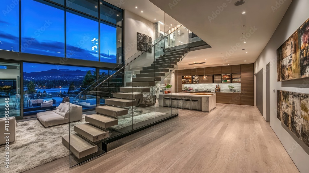 Modern Home Interior with Glass Staircase and Lake View Modern Home Interior with Glass Staircase and Lake View