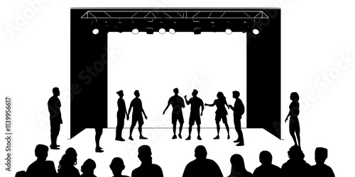 Actors participating in an improv exercise on stage with audience interaction, Vector Graphic