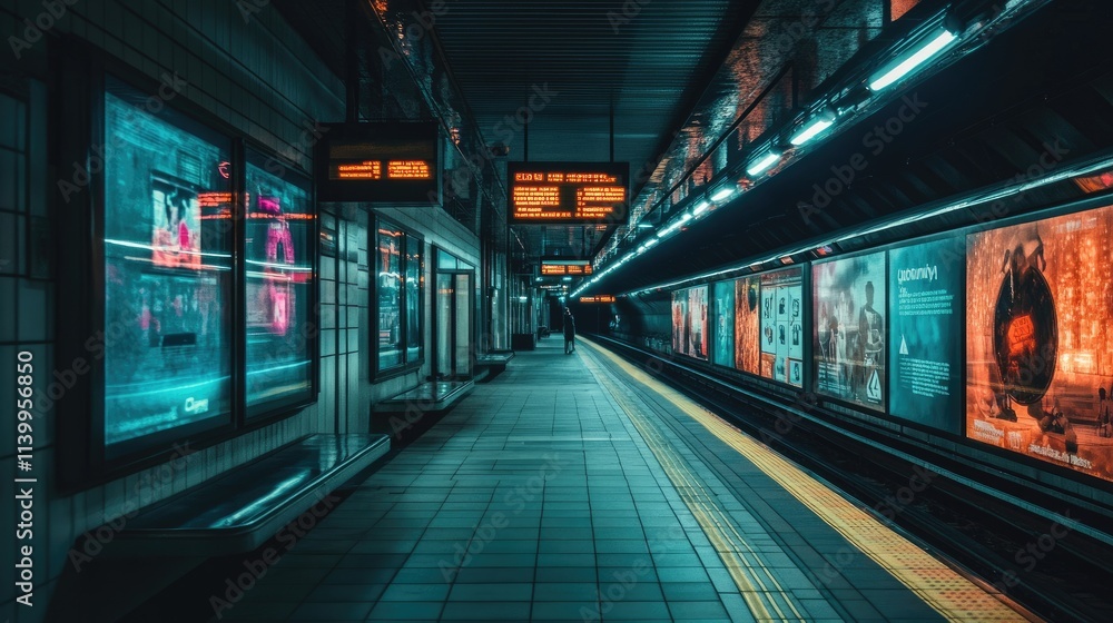 A Deserted Subway Platform at Night With Neon Lights A Deserted Subway Platform at Night With Neon Lights