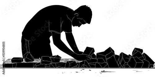 Artist assembling carved wooden pieces to create a larger abstract art form, Vector Graphic
