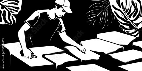 Artist cleaning the block between different print runs for crisp impressions, Vector Graphic