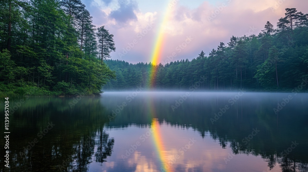 Captivating rainbow arcs over a tranquil lake surrounded by lush trees in the early morning mist Captivating rainbow arcs over a tranquil lake surrounded by lush trees in the early morning mist