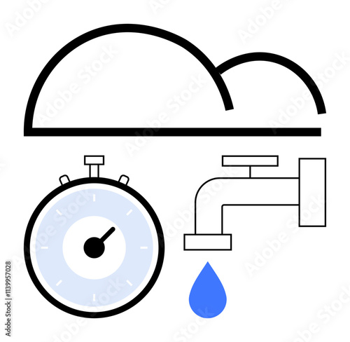 Cloud stopwatch faucet with drop. Ideal for technology, scheduling, efficiency, conservation, time management, environmental awareness, and productivity. Line metaphor
