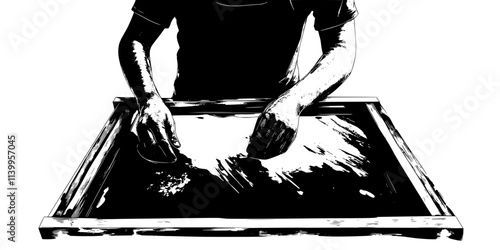 Artist transferring ink through a stencil onto fabric using a screen printing frame, Vector Graphic