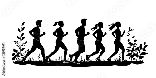 Athletes discussing the benefits of barefoot running on a nature trail, Vector Graphic