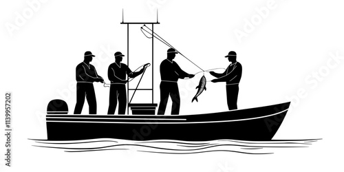 Reeling in a catch with boat crew assistance, managing fish and gear, Vector Graphic