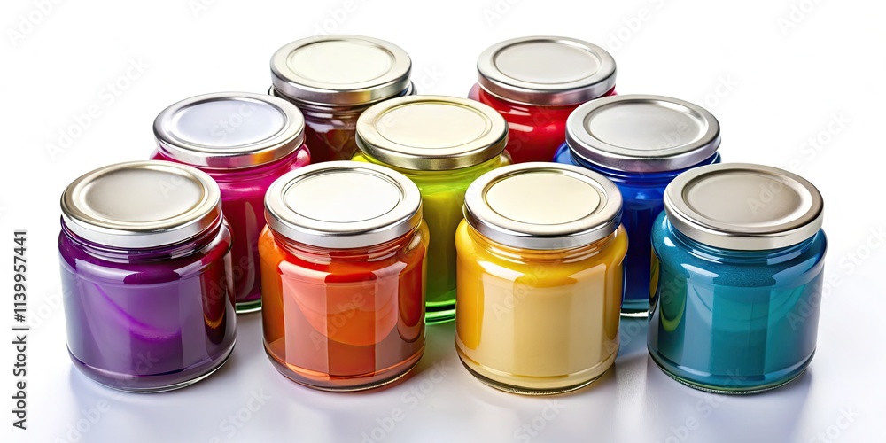Drone perspective: Colorful glass jars, metallic-topped, showcasing brand potential in a stunning mockup. Drone perspective: Colorful glass jars, metallic-topped, showcasing brand potential in a stunning mockup.