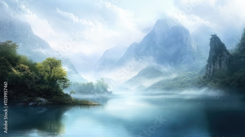 Serene Mountain Lake Mist Shrouded Peaks Tranquil Scene