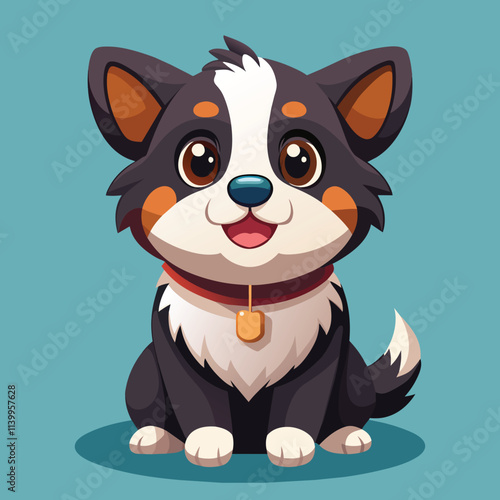 Cute chubby cartoon dog character black and white coloured with a red collar, sitting straight on a blue background 