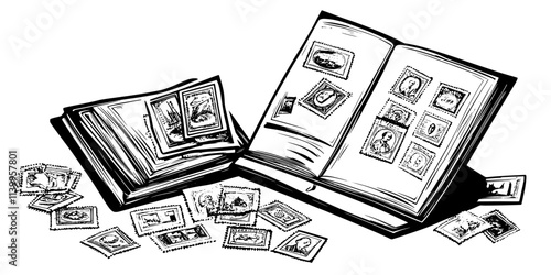 An assortment of postage stamps lying next to an open album in a private room, Vector Graphic