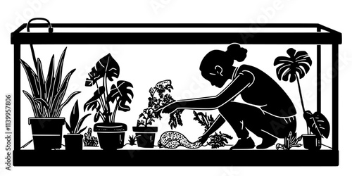 An individual arranging plants inside a reptile tank to create a natural living environment, Vector Graphic