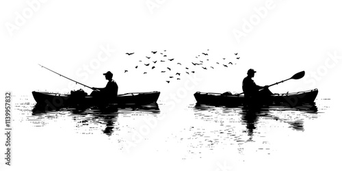 Anglers paddling kayaks into calm waters, positioning for optimal fishing spots in lakes, Vector Graphic