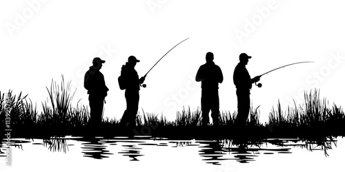 Anglers casting lines from lake or river shorelines, targeting fish, Vector Graphic