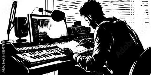 Artist writing lyrics in a notebook while seated at a recording studio, Vector Graphic