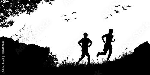 Athletes stretching before starting a long trail running course, Vector Graphic