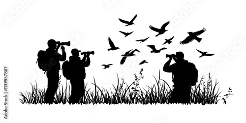 Birders carefully approaching known habitats of rare birds, observing without disturbance, Vector Graphic