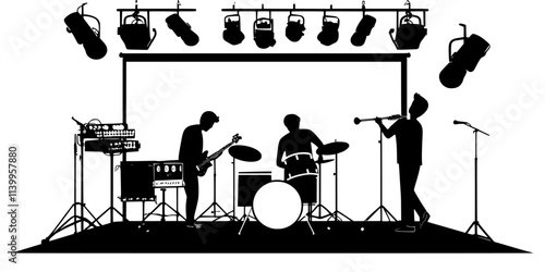 Band setting up instruments in a spacious recording studio, Vector Graphic