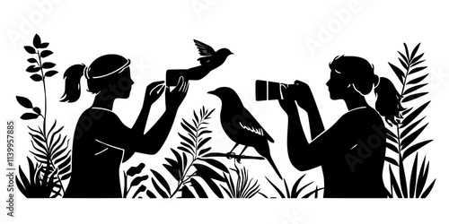 Enthusiasts capturing images of birds, emphasizing their actions and interactions in the environment, Vector Graphic