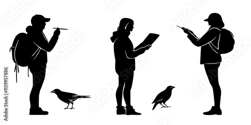Birding enthusiasts recording bird sightings in notebooks, tracking activities in home gardens, Vector Graphic