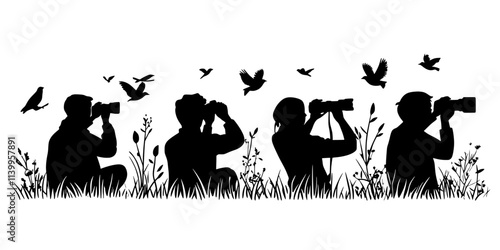 Birding enthusiasts patiently waiting with cameras ready, aiming to capture birds mid-flight, Vector Graphic