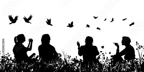 Birdwatchers observing birds resting and feeding before continuing their migration journey, Vector Graphic