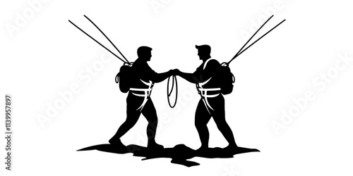Bungee jumper confirming safety protocols with an instructor before jumping, Vector Graphic