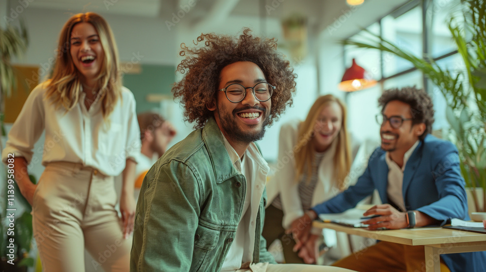 Obraz premium Group of diverse coworkers laughing and discussing in an office lounge.