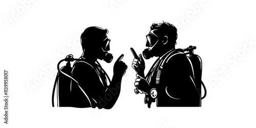 Diver signaling to a partner before descending underwater for a scuba dive, Vector Graphic