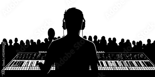 Engineer monitoring sound quality during a concert in a crowded venue, Vector Graphic