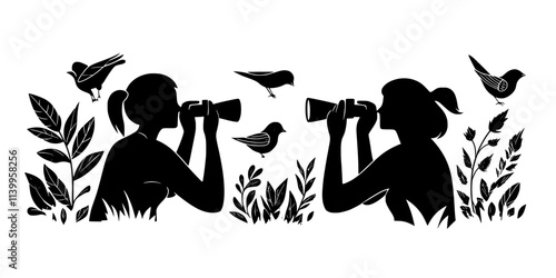 Enthusiasts observing birds with binoculars, documenting daily visits to backyard feeders, Vector Graphic