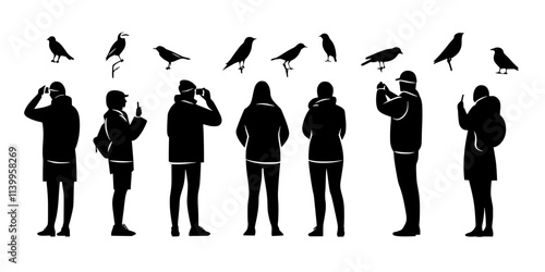 Enthusiasts attending birdwatching festivals focused on tracking rare bird sightings, Vector Graphic