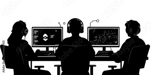Gamers controlling a virtual environment by organizing elements and overseeing interactions, Vector Graphic