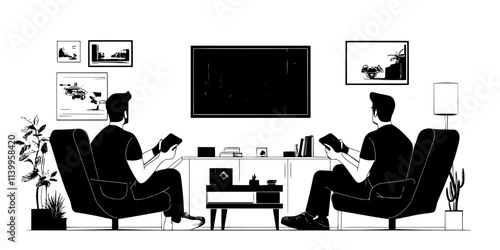 Gamers discussing strategies while exploring a vast game world and developing characters, Vector Graphic