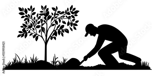 Gardener digging holes for native trees to enhance the backyard landscape, Vector Graphic