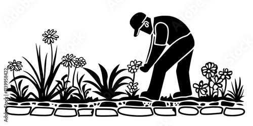 Gardener edging a stone path with bricks in a residential garden, Vector Graphic