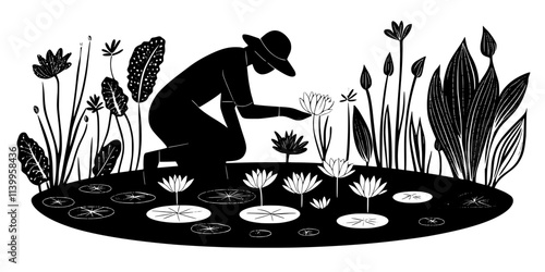 Gardener placing water lilies in a decorative pond in the center of a garden, Vector Graphic
