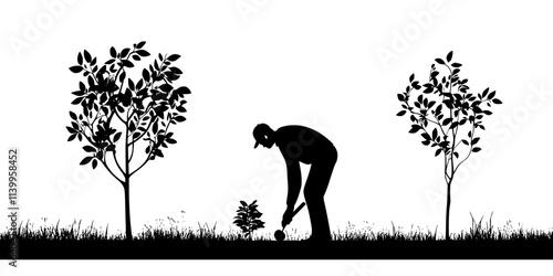 Gardener planting fruit trees along the perimeter of a residential garden, Vector Graphic