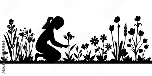 Gardener planting flowers known to attract pollinators in a residential garden, Vector Graphic