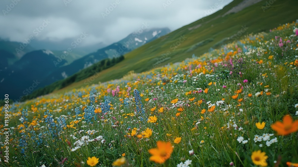 Fototapeta premium Mountain Wildflower Meadow Landscape Under Cloudy Skies