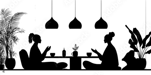 Groups discussing mindfulness techniques in a calm indoor space, Vector Graphic