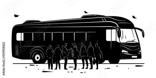 Group preparing to board a bus together for a vacation excursion, Vector Graphic