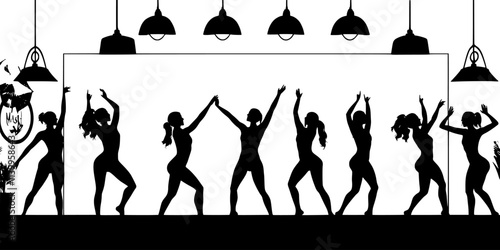 Groups of dancers practicing together, focusing on choreography in a dance studio, Vector Graphic