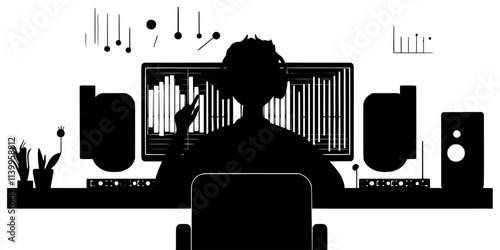 Individual adjusting audio levels while mixing classical music tracks, Vector Graphic