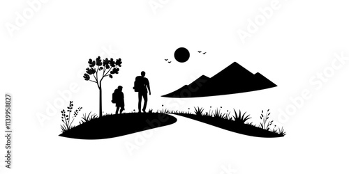 Hikers pausing to rest along a trail while admiring the surrounding natural scenery, Vector Graphic