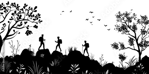 Hikers navigating rocky terrain on a nature trail within a protected park, Vector Graphic
