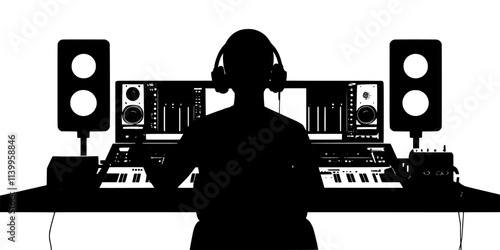 Individual adjusting audio levels during a session while recording hip-hop music, Vector Graphic