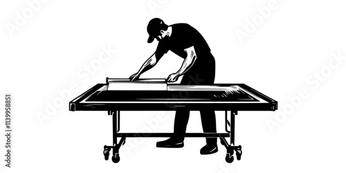 Individual aligning a new screen for a multi-layered print on fabric, Vector Graphic